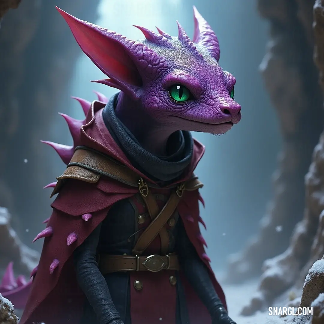 A heroic Purple Vogan in a snow-covered cave, showcasing its vivid colors and commanding presence. A striking Purple Vogan, with brilliant green eyes and a dramatic red cape, stands confidently in a snow-dusted cave, surrounded by jagged rocks that enhance its mysterious allure.