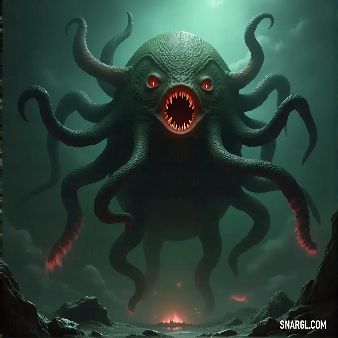 A monstrous Giant Void Gazer rises from the dark waters, its terrifying face and mouth illuminated by a bright beam, casting a creepy glow on the eerie scene. A menacing Giant Void Gazer with an eerie face emerges from dark waters, its glowing mouth and haunting eyes lit by an intense light, creating a chilling and mysterious atmosphere.