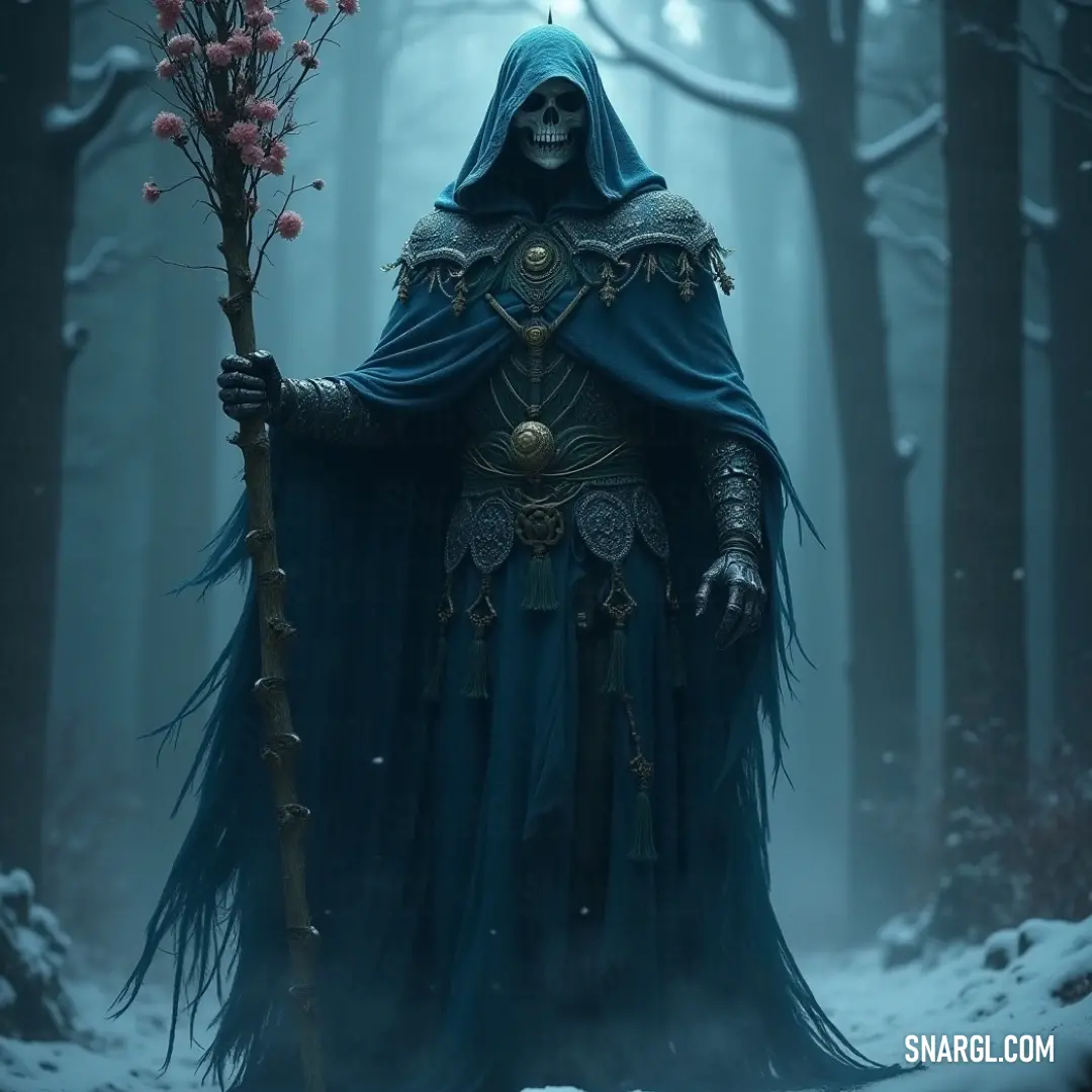 Wrapped in a flowing blue cloak, the Voidlord Wraith holds a branch like a staff, standing in a snowy forest, where the icy landscape glistens beneath the light of a winter sky.