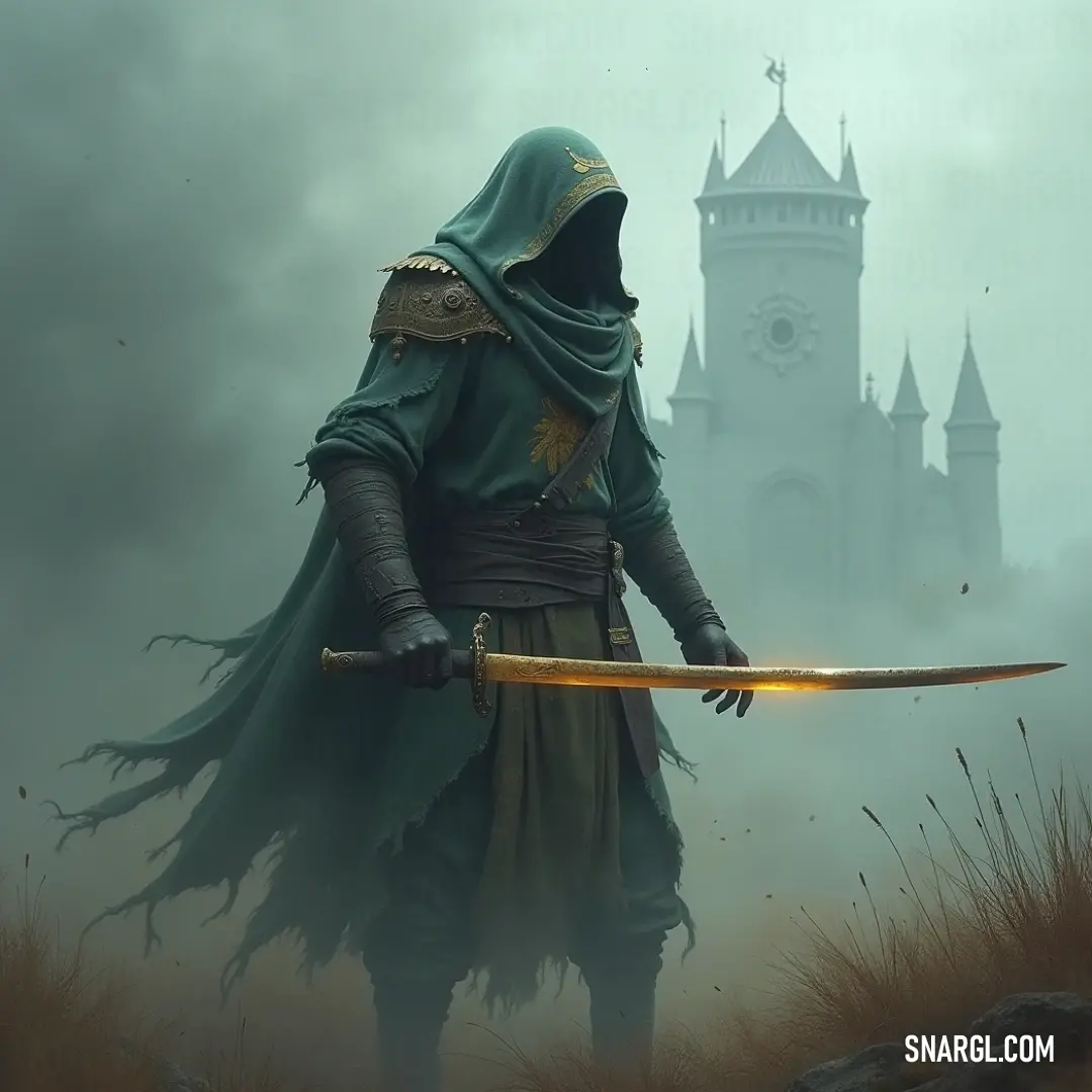 The Voidwalker, sword in hand, stands before a looming castle, shrouded in mist, its presence a quiet threat against the foggy sky and clock tower. A figure known as the Voidwalker stands before a distant castle, its silhouette framed against a foggy sky. Holding a sword, the Voidwalker stares at the ominous clock tower, preparing for an unknown challenge.