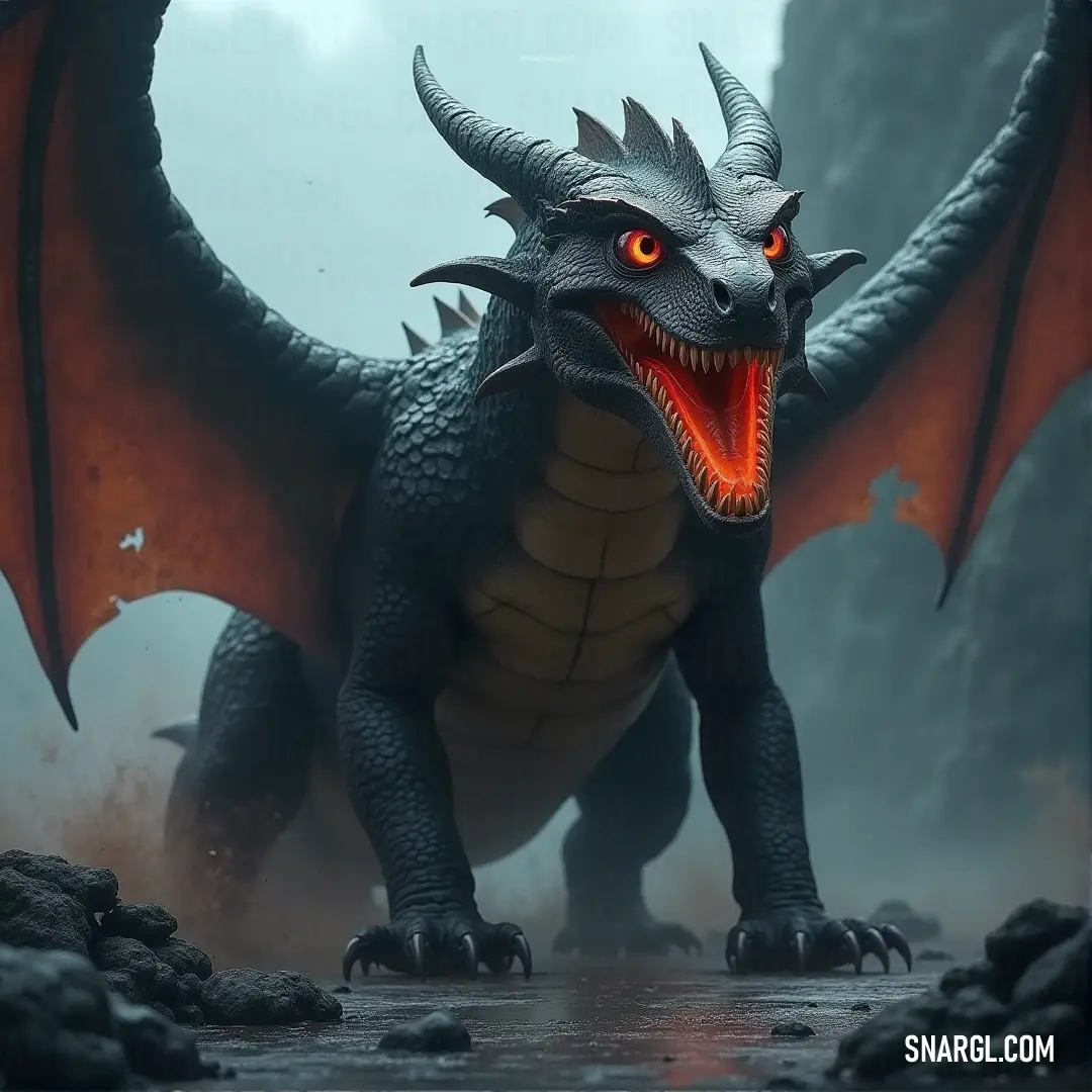 A Volcanic Drake with fiery red eyes, its body dark as coal, accented by a crimson head and tail, emanating an aura of heat and destruction.
