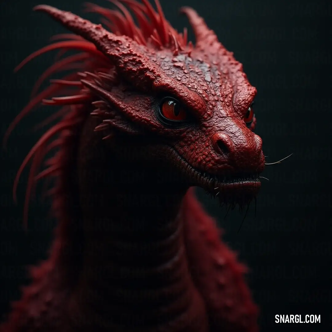 Fierce red Volcanic Drake with piercing red eyes set against a dramatic black backdrop, radiating power and allure. A striking red Volcanic Drake with piercing red eyes stands boldly against a deep black background, exuding an aura of mystery and power. The drake's fierce expression captivates the viewer, inviting them into its mythical realm.