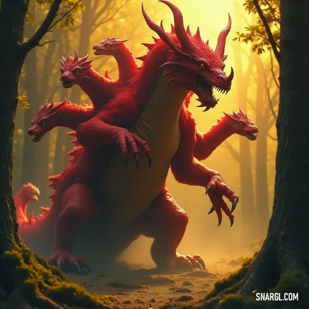 A vibrant Red Volcanic Hydra emerges majestically from a lush forest, its scales glistening in hues of crimson and orange, while towering trees create a breathtaking backdrop, deepening the sense of mystery and wonder.