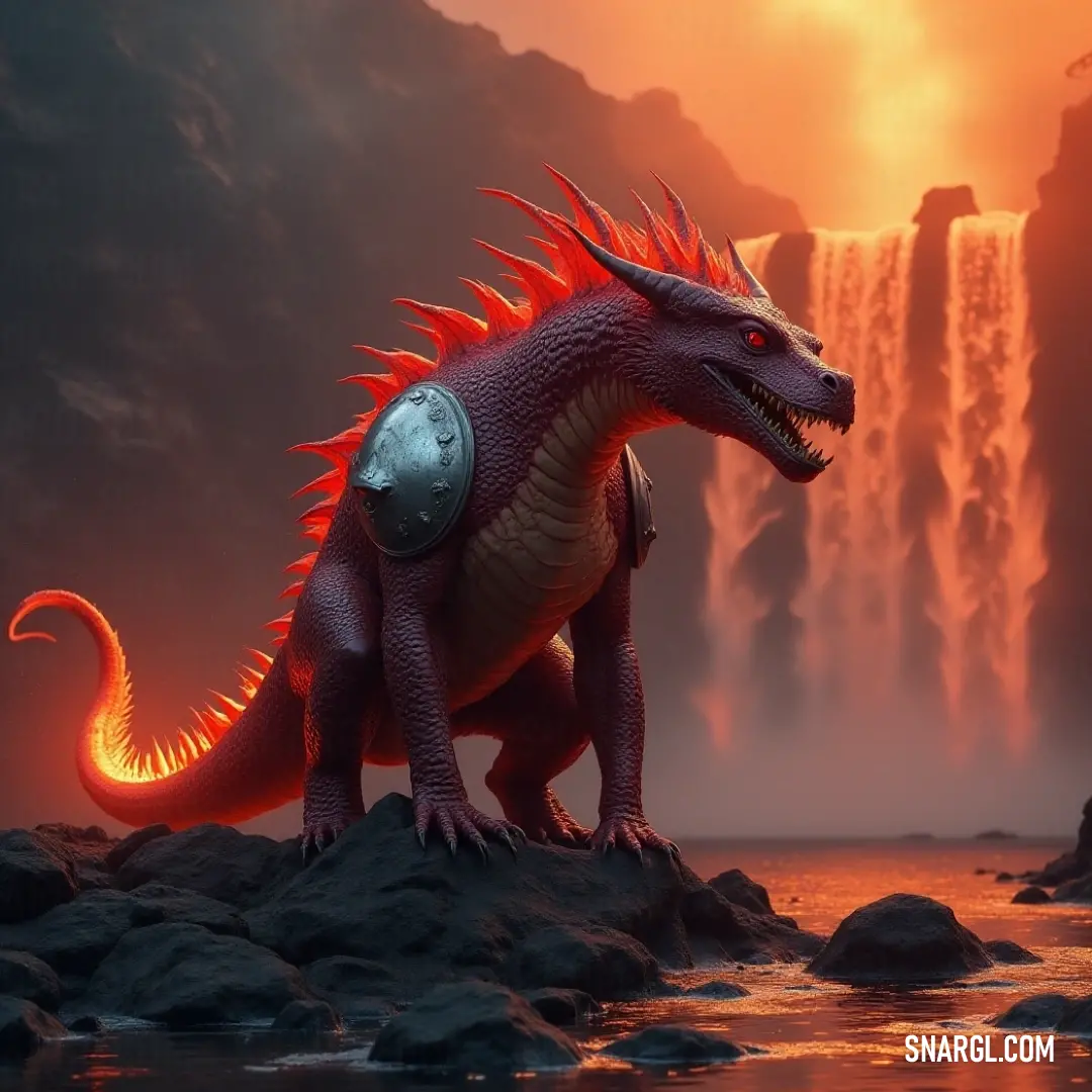 A volcanic salamander, wearing a helmet, stands boldly on rocks in front of a cascading waterfall, symbolizing strength and resilience. A fierce volcanic salamander wearing a protective helmet stands on jagged rocks, with a majestic waterfall cascading in the background. The salamander's vibrant color contrasts with the rugged terrain and rushing water.