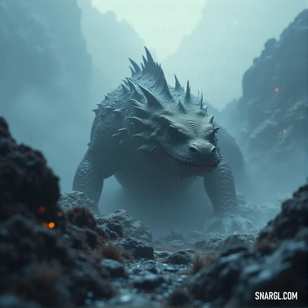 Godzilla in the fog, standing amidst mountain rocks and grass, with a distant glowing light enhancing the epic scale of the scene. Godzilla stands tall in the fog, surrounded by mountain rocks and grass, its massive form illuminated by a distant glowing light, creating an epic and mysterious atmosphere.