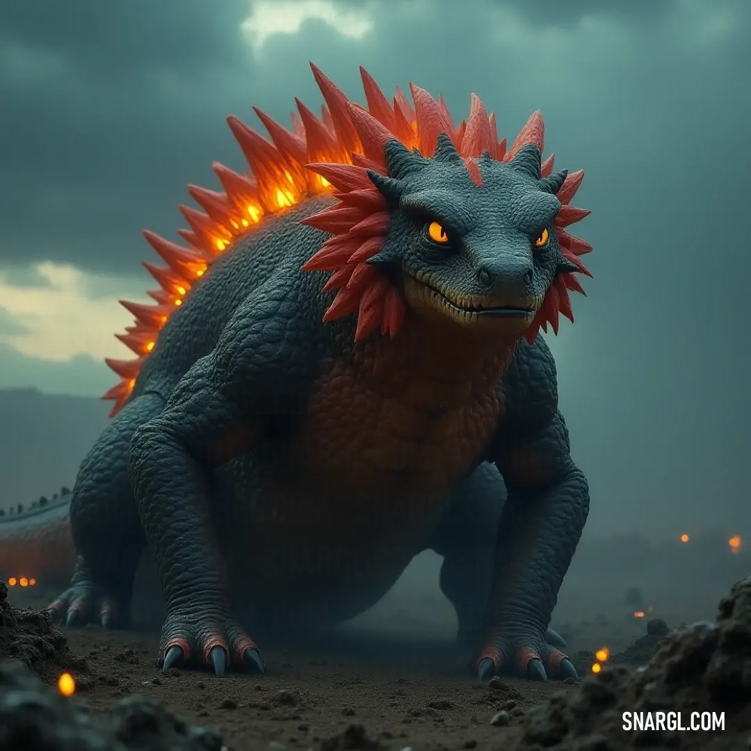 Imposing large Volcanic Salamander with strikingly fierce spikes and deep-set eyes, emerging from a dark, brooding background with an air of mystery. Large Volcanic Salamander, a formidable creature with fierce spikes adorning its head and piercing eyes, emerges from a shadowy landscape, exuding an aura of raw, untamed power.