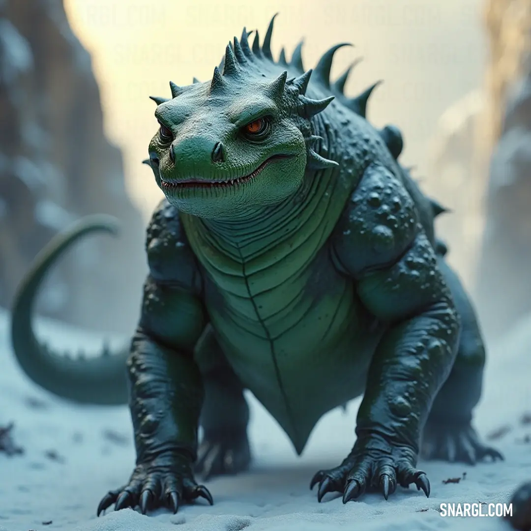 A toy Godzilla stands against a snowy backdrop, with a towering mountain completing the dramatic, wintery setting. A toy Godzilla stands in the snow, with a towering mountain in the distance. The cold, snowy landscape contrasts with the fierce power of the toy monster, creating a surreal and dramatic scene.