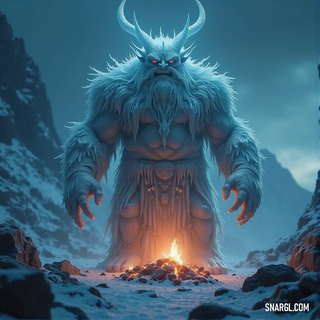 A gigantic horned figure, reminiscent of Völundr, stands amidst the snow, with glowing eyes and a fire spewing from its mouth, casting a powerful, fiery glow in the wintry night.