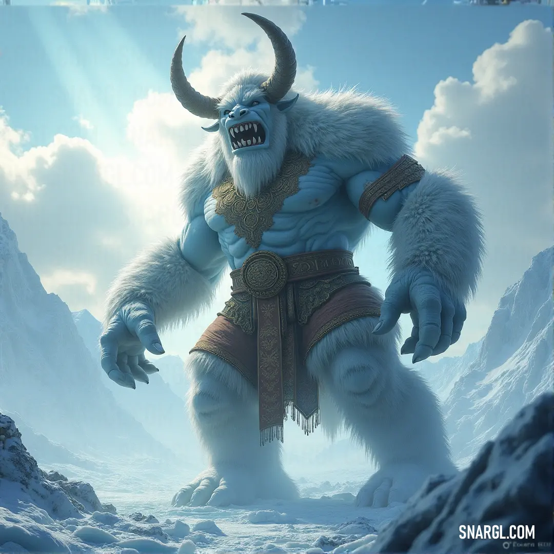 A giant resembling Völundr with horns stands tall in the snow, with vast mountains in the background. A massive, horned figure resembling Völundr stands firm in a snowy landscape, towering over the cold terrain, while distant mountains stretch beyond, creating an awe-inspiring and serene yet intimidating atmosphere.