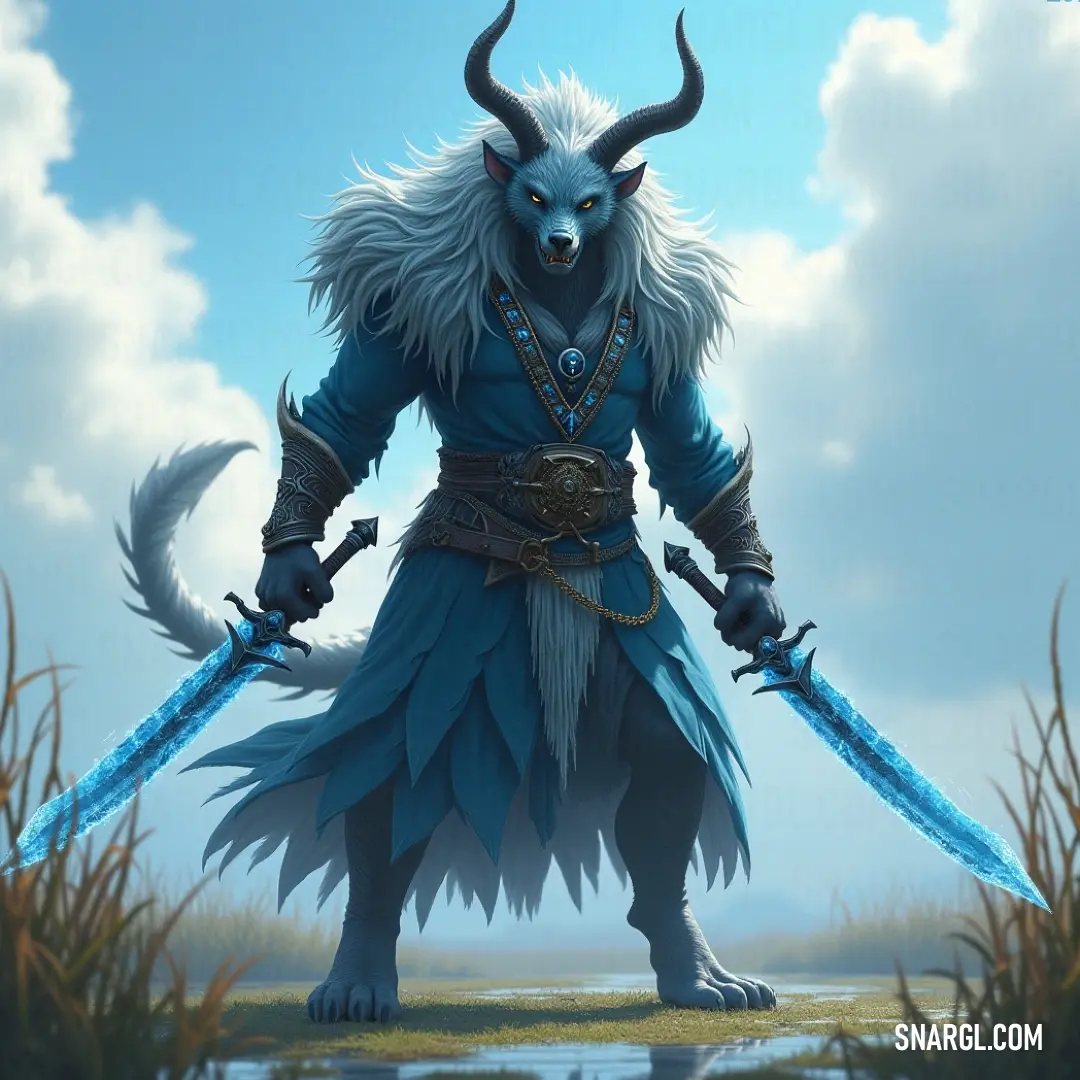 A horned Vorgrimm wielding two swords against a vast sky, ready for battle. A horned Vorgrimm with a fierce gaze stands against a vast sky, holding two swords in his hands and preparing for battle. The sky above him is vast, filled with clouds that hint at an impending storm.