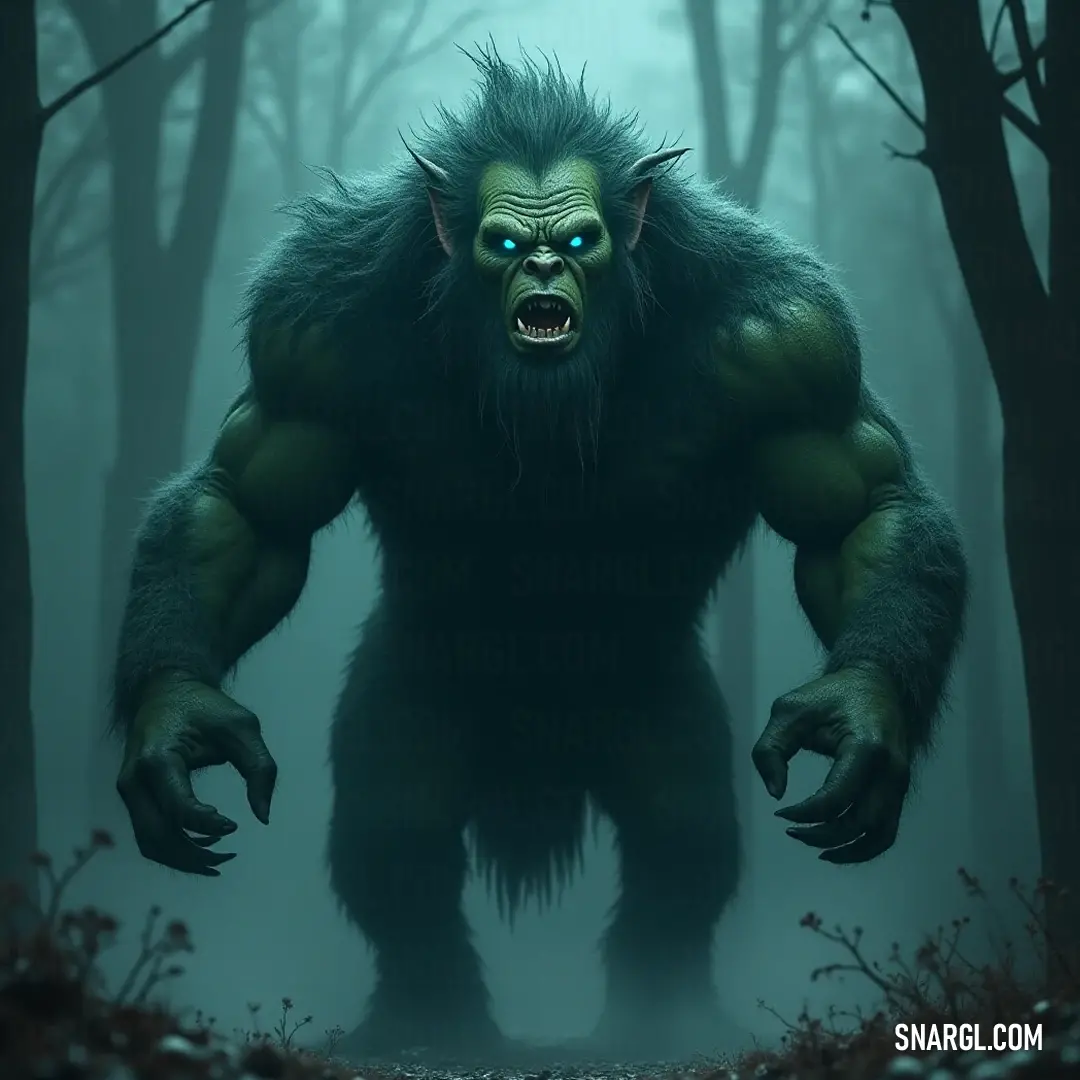 An enchanting Vorn with striking blue eyes and a fluffy coat stands in a foggy forest, enveloped by trees, evoking a sense of mystery. An enchanting Vorn with striking blue eyes and a lush furry coat stands amid a dense, foggy forest, as the mist weaves through the trees, creating an atmosphere of intrigue and enchantment.