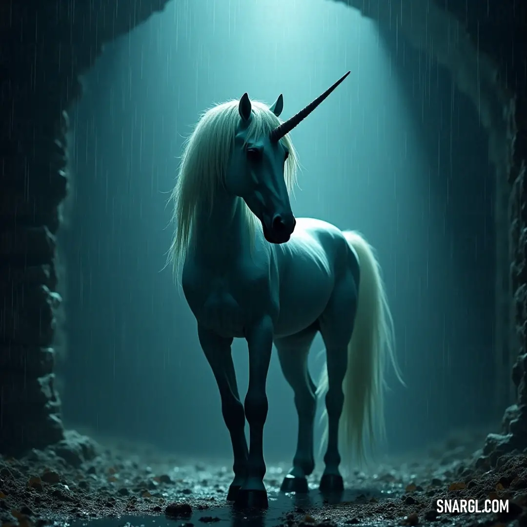 A vortex steed stands in a dim tunnel, its horn glowing faintly as it stares into the spotlight that cuts through the darkness, evoking a sense of power and mystery. A powerful vortex steed, bathed in an intense beam of light, stands tall in a dark tunnel. Its long horn glows faintly as it looks towards the light, creating an awe-inspiring image of strength and grace in the midst of shadows.