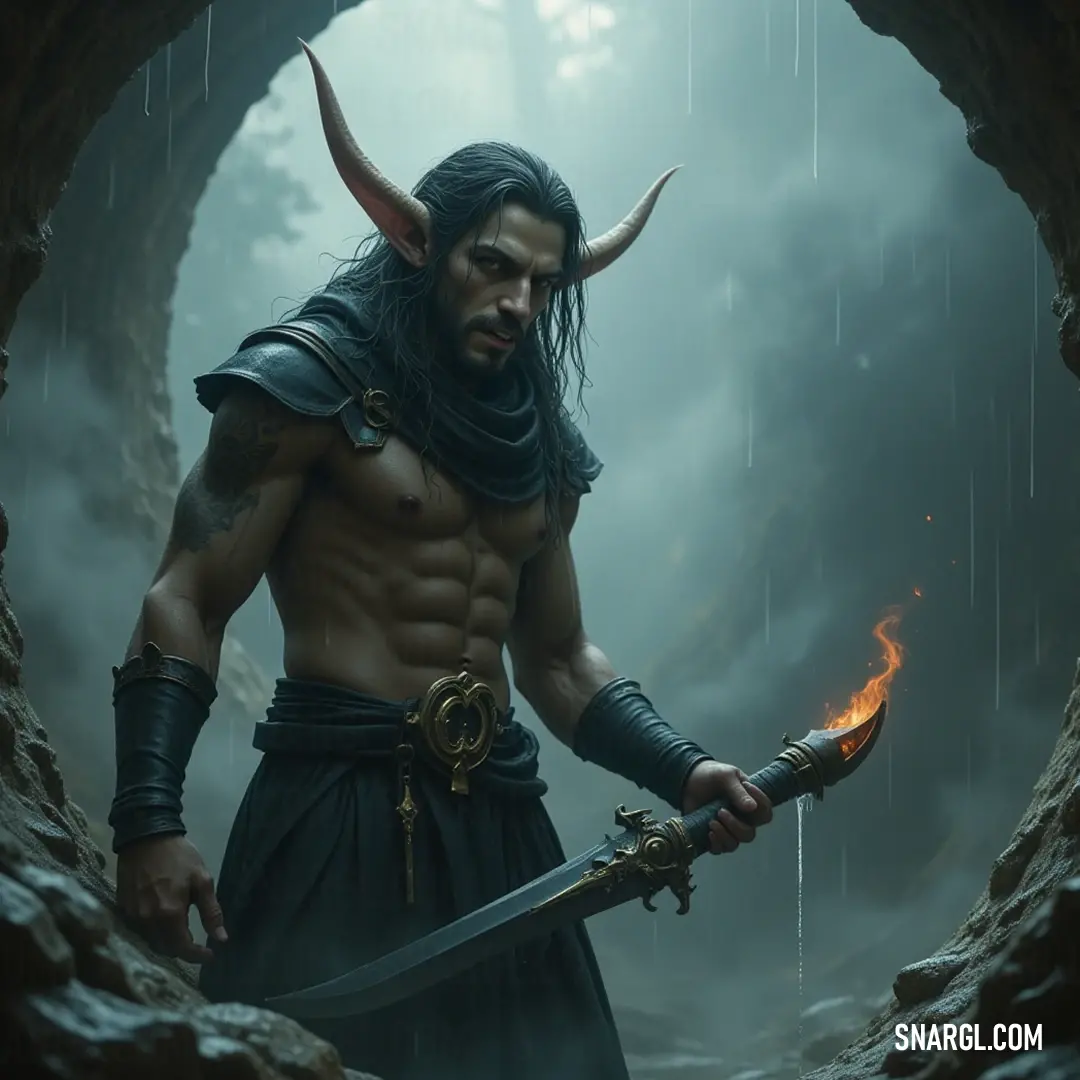 In a cave illuminated by the flickering glow of fire, a horned figure clutches a sword, showcasing their fierce spirit while flames dance in their hands, creating an atmosphere of power and intrigue.