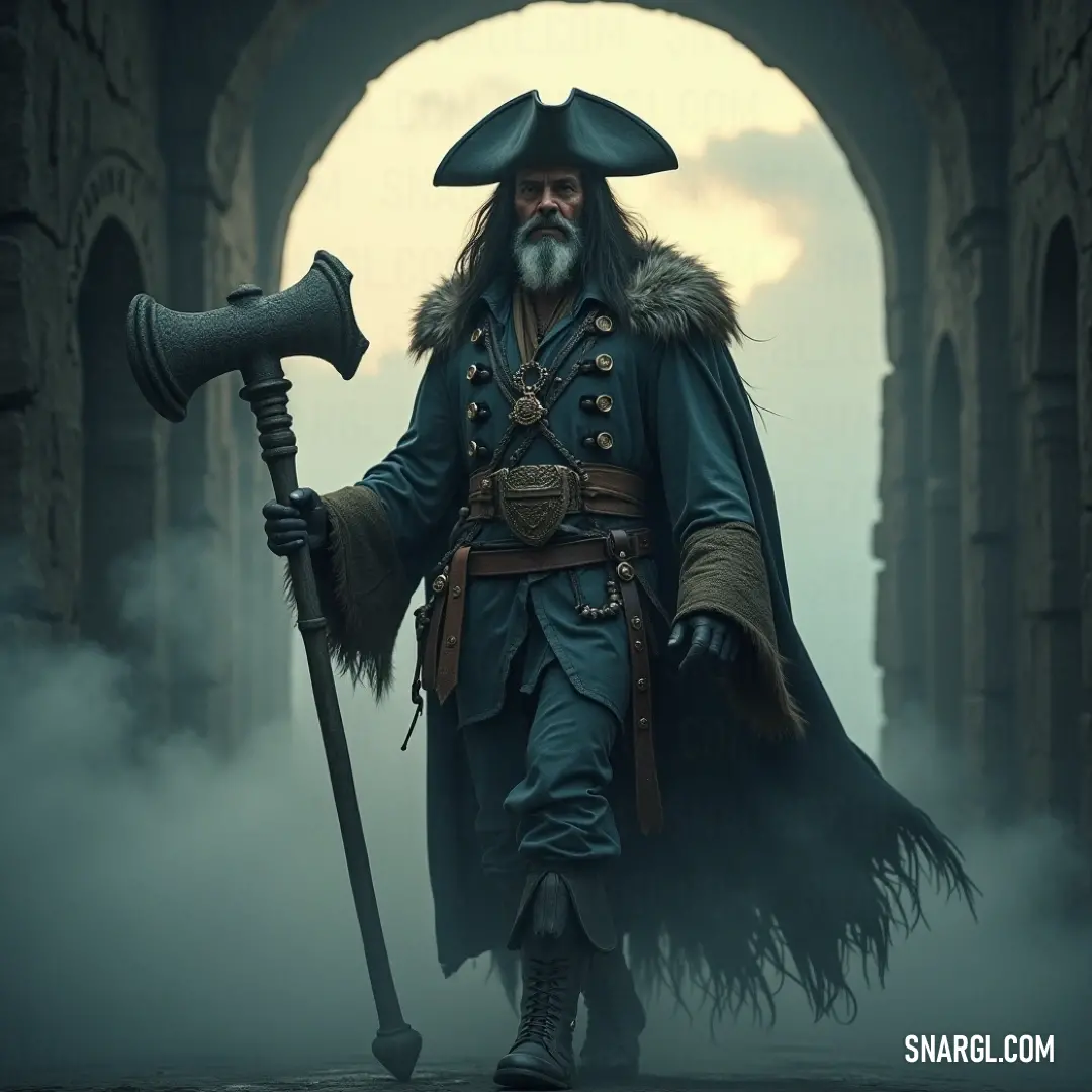 In a foggy landscape, a determined pirate stands poised with a large axe and a staff, ready to defy the lurking shadows in an ancient archway. The atmosphere of mystery invites onlookers to ponder the tales of triumph over adversity hidden within the mist