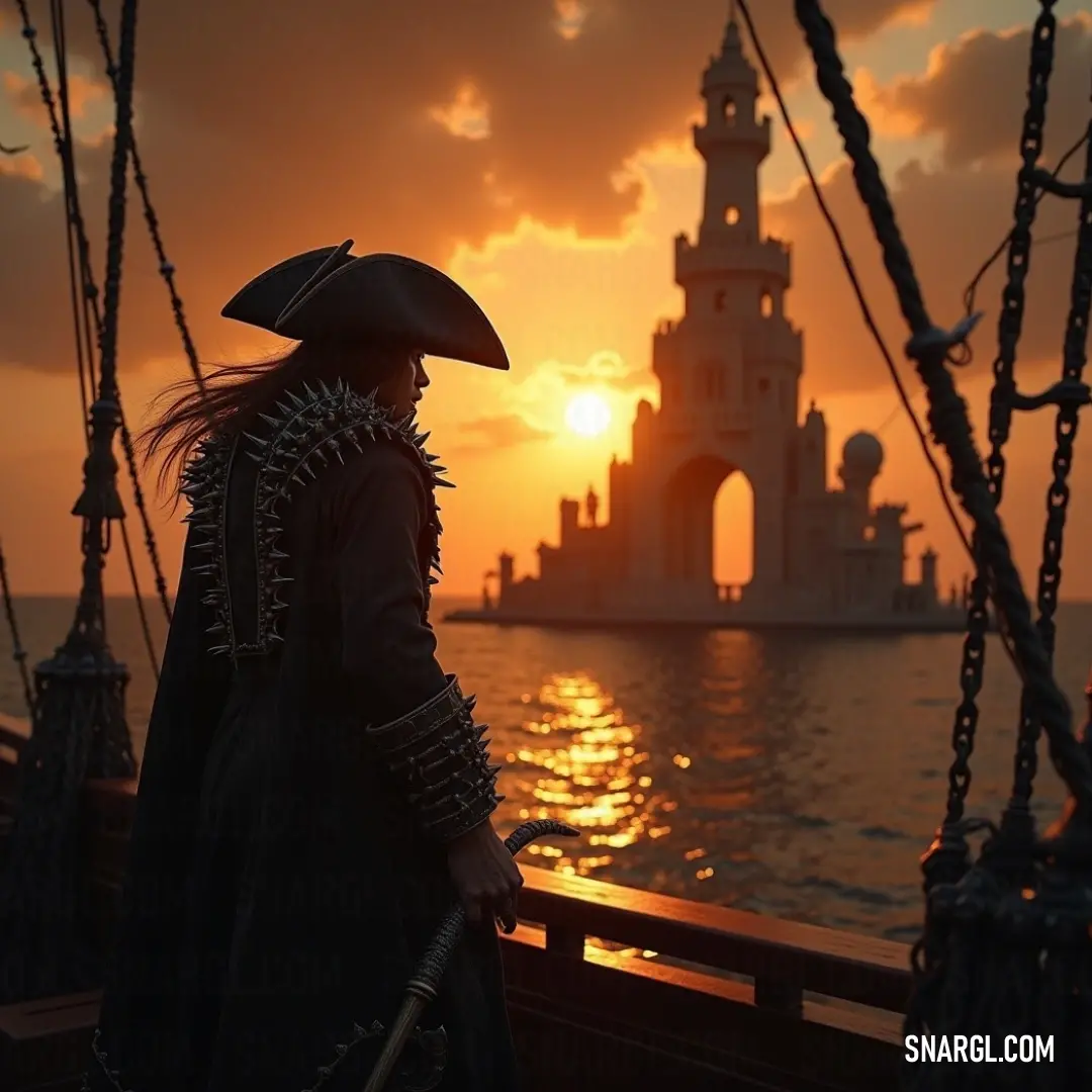 Pirate Voss stands on a boat, with a sunset painting the sky behind him and a distant tower rising in the background, embodying a sense of power and adventure. Voss, the pirate, stands aboard a boat at sunset, with a fiery orange sky behind him and a towering tower in the distance. The warm glow of the sun sets the scene, highlighting his commanding stance on the water.
