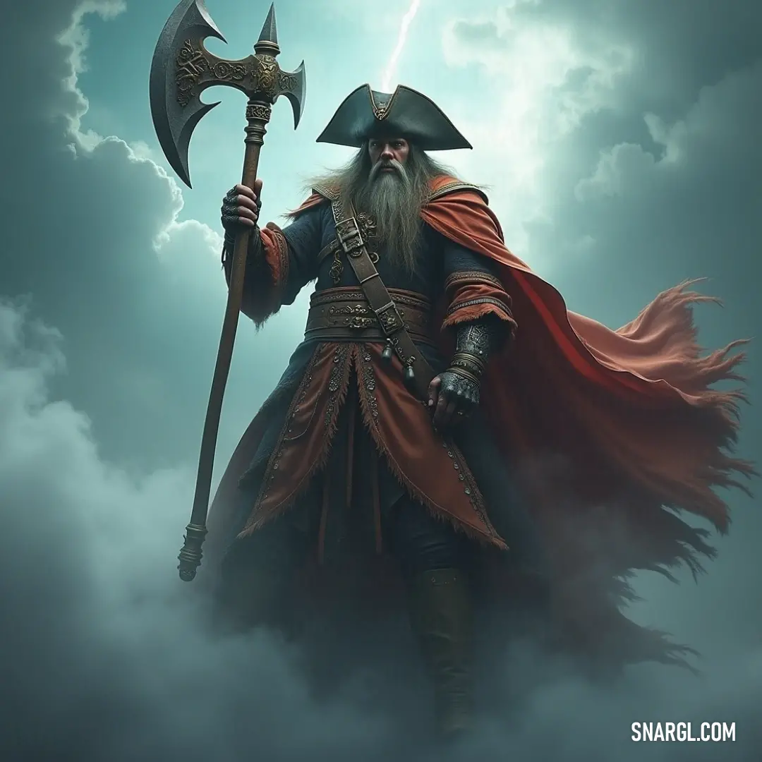 A majestic figure with a flowing beard stands high in the clouds, gripping a massive axe with both hands. The atmosphere is thick with mist and mystery, adding to his powerful aura. A powerful figure stands among the clouds, with a long beard flowing and holding a mighty axe in his hand. His presence is commanding, as he gazes across the sky, surrounded by mist and a sense of otherworldly strength.