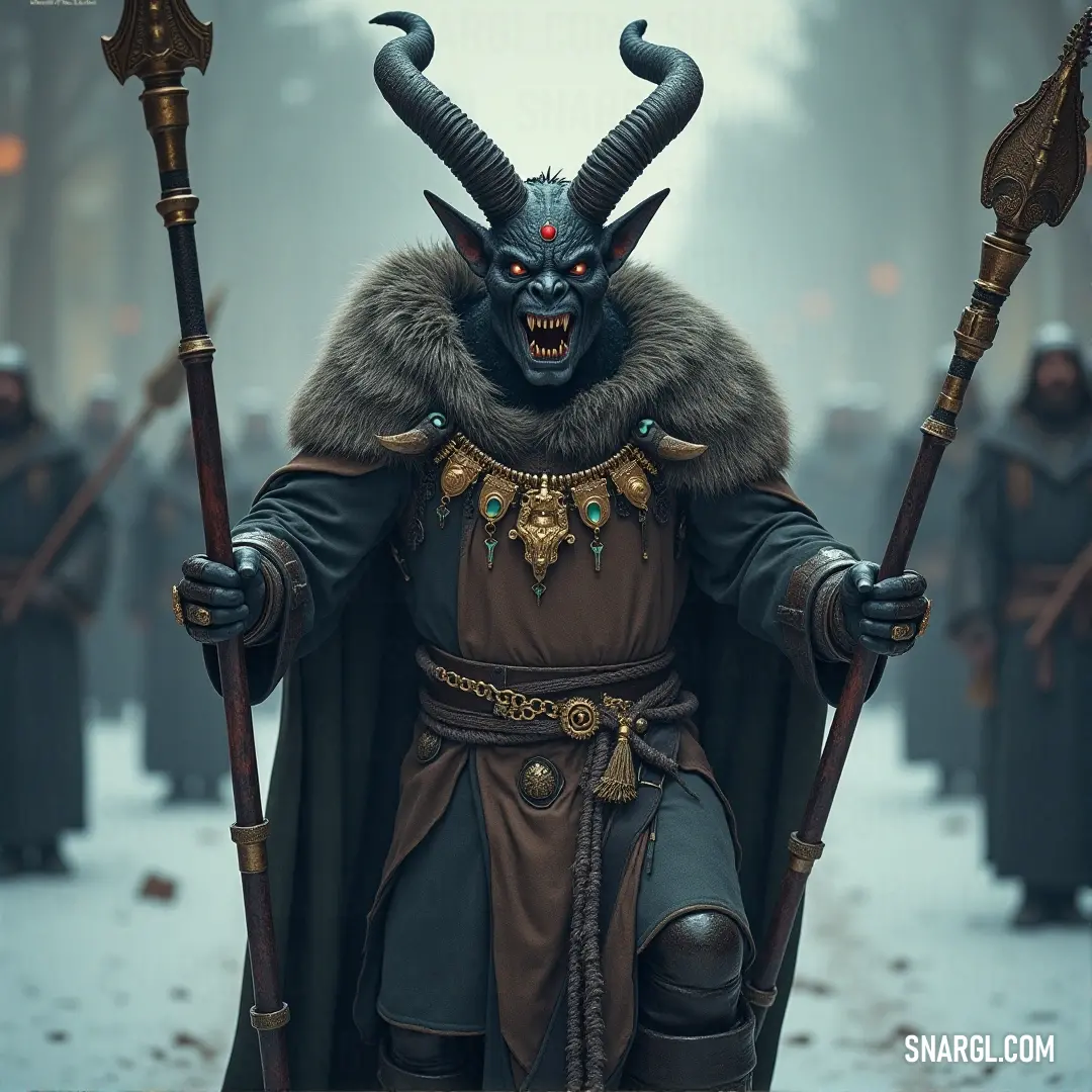 Vual, clad in a horned costume and wielding a sword, exudes strength and power, his horns a symbol of his fierceness. Vual, dressed in a fearsome horned costume, holds a sword in his hand, his horns twisting upward in a striking display. His powerful stance reveals his readiness to strike fear into anyone who crosses his path.