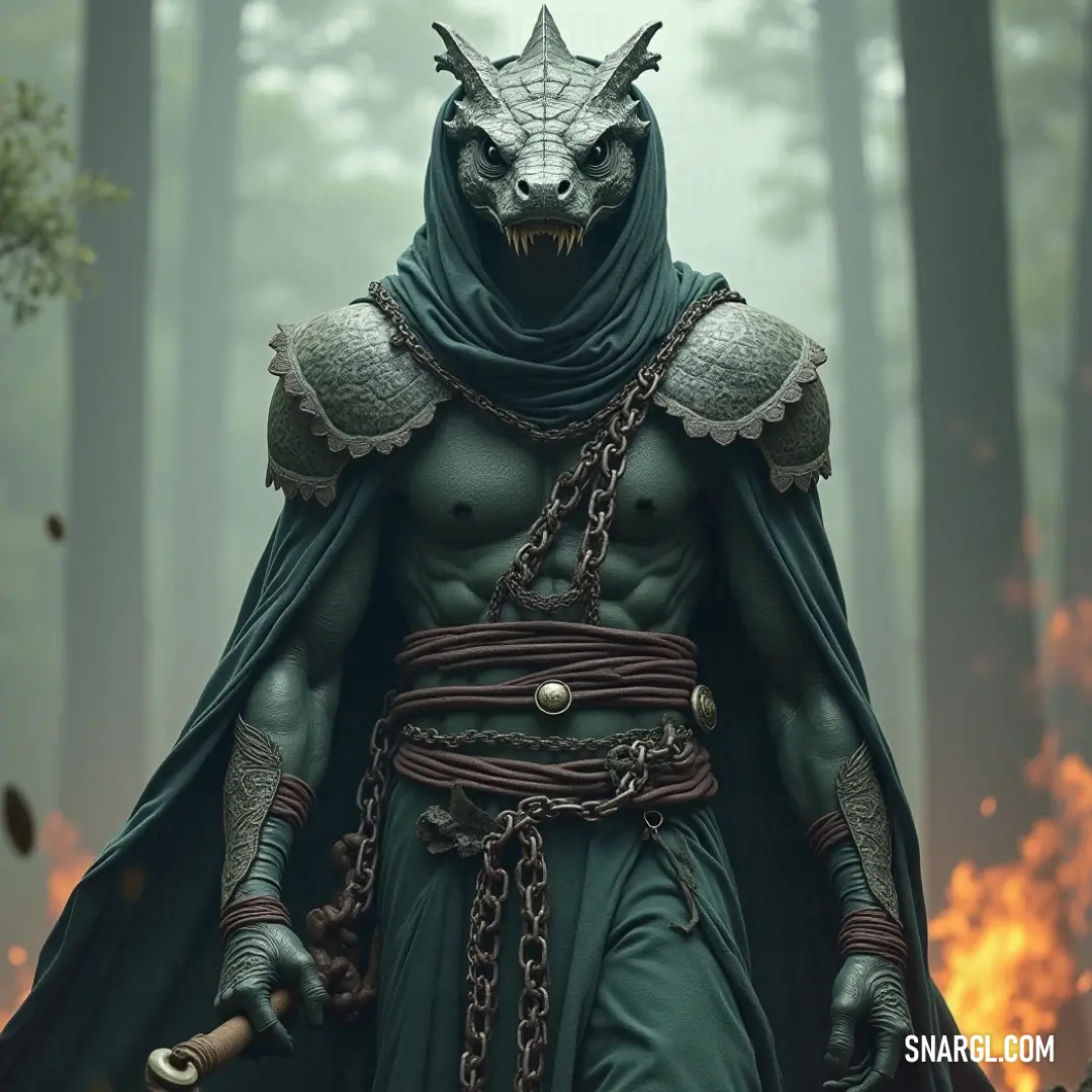 Donned in a striking green attire and crowned with formidable horns, this formidable figure stands proud, embodying strength and authority against the fiery backdrop of chaos, a guardian of its realm. A striking figure adorned in a vibrant green outfit and crowned with a pair of impressive horns stands tall, exuding an aura of power and respect, a true warrior ready to defend its domain amid a tumultuous backdrop.