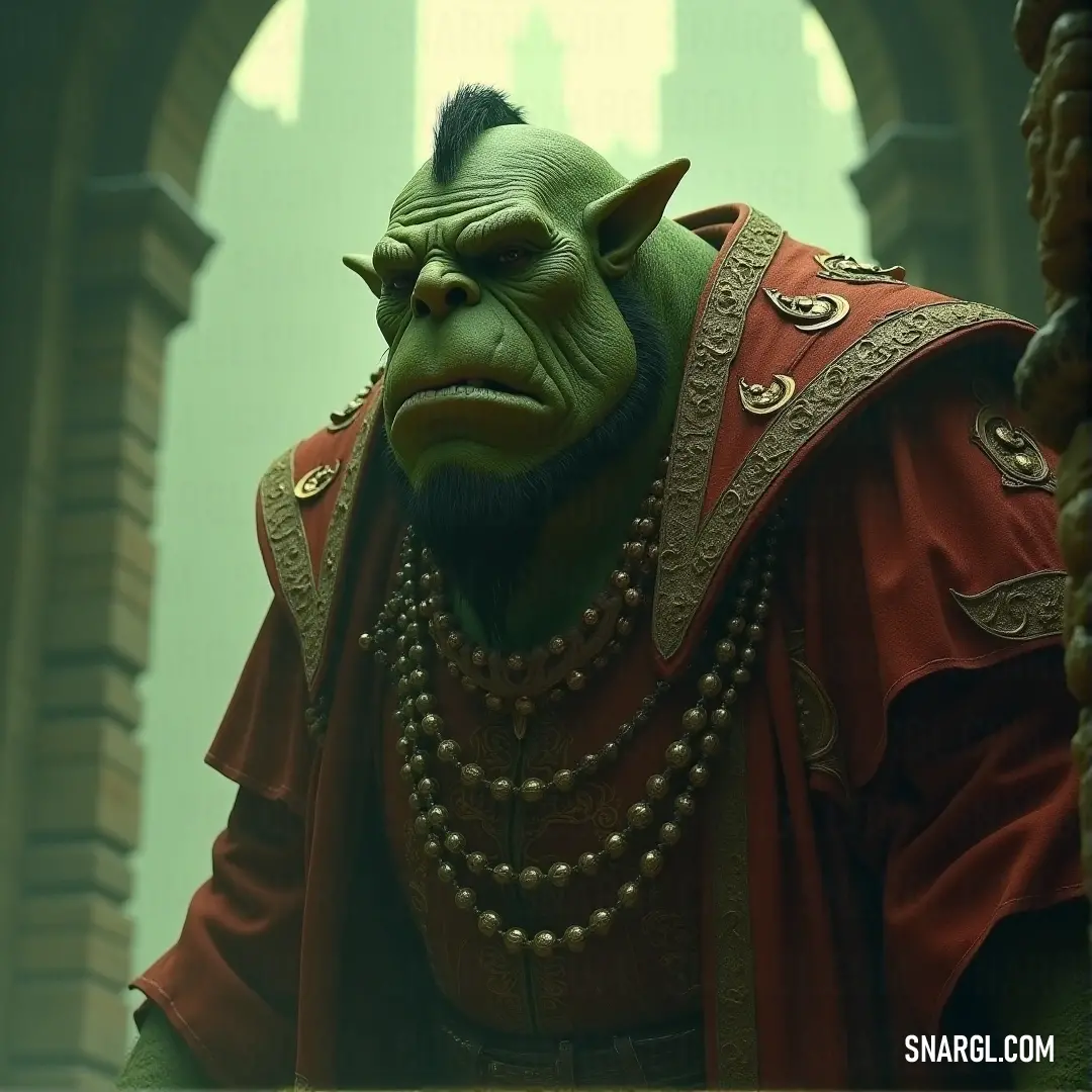 Vulk, a figure of strength, dons a striking red outfit and sports a thick beard. His look is completed by a bold chain around his neck, and he stands confidently, embodying a powerful presence.