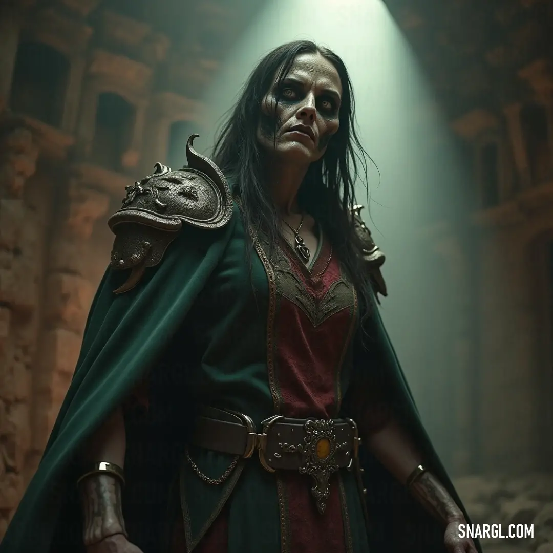 A ghastly Walking Dead figure in a mask and costume wields a sword, draped in a ghostly green cape, evoking panic and allure. A terrifying Walking Dead figure, adorned in a grotesque costume and mask, clutches a sword while draped in a ghostly green cape. The eerie scene hints at an otherworldly event, blending fright and fascination in a chilling tableau.