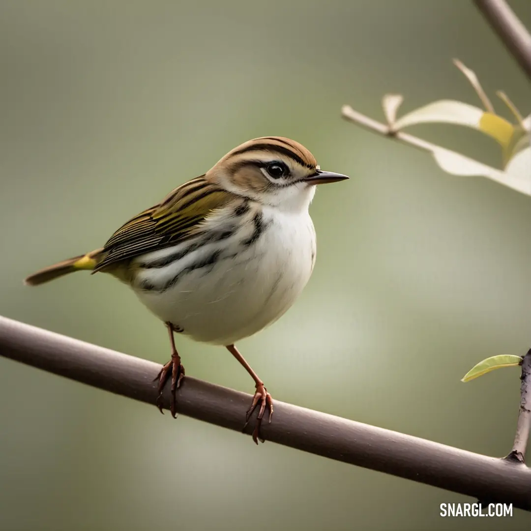 A small warbler clings to a thin tree branch, its feathers rustling lightly against the breeze. The vibrant green background of leaves creates a peaceful, natural scene where the bird is in perfect harmony with the environment.