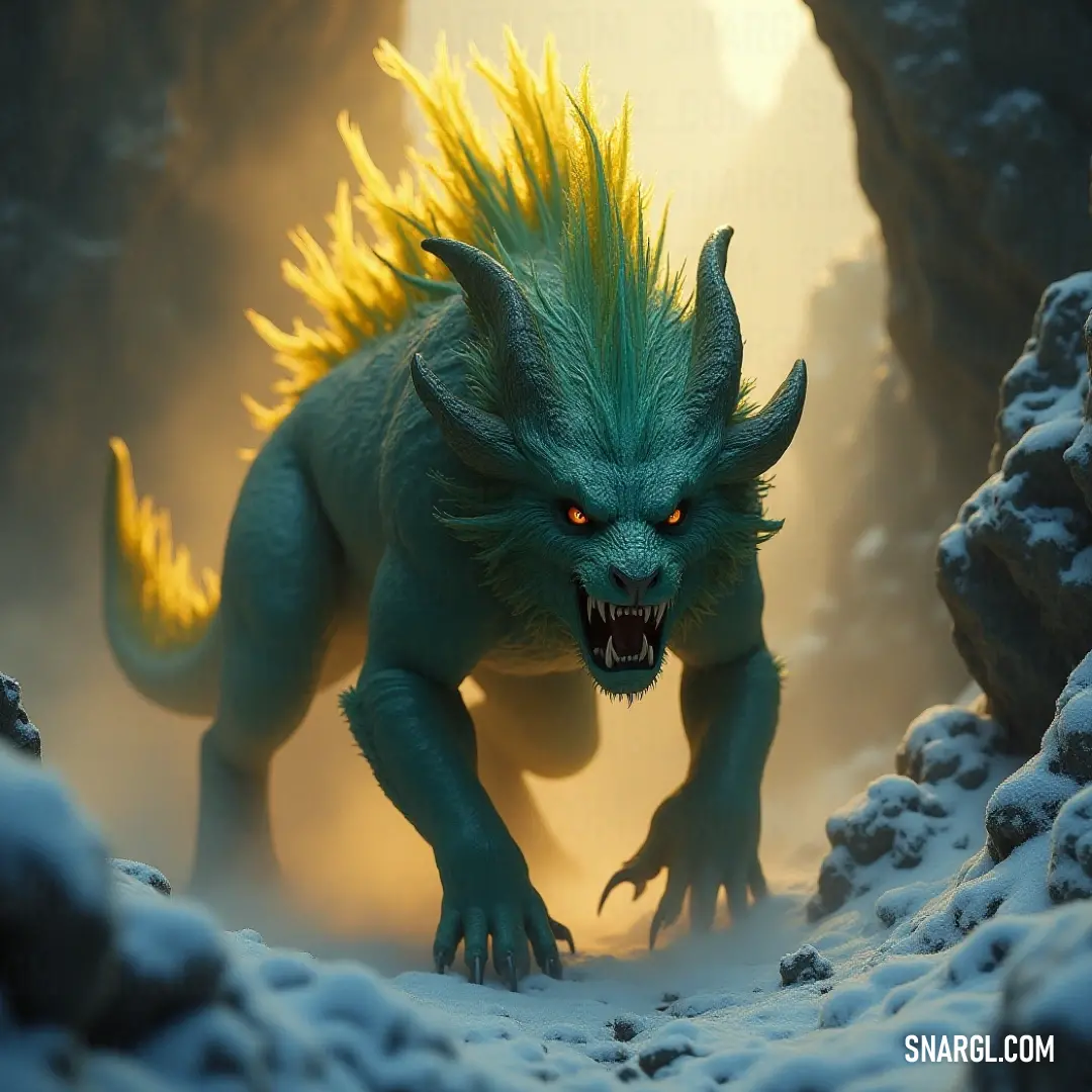 A luminous Warclaw with bright yellow hair and glowing yellow eyes navigating through a snowy cave, illuminated by a beautiful light that enhances its mythical charm. A vibrant Warclaw, with striking yellow hair and glowing yellow eyes, journeys through a snowy cave, brilliantly illuminated by a light that dances around it, creating an enchanting atmosphere filled with wonder and adventure.