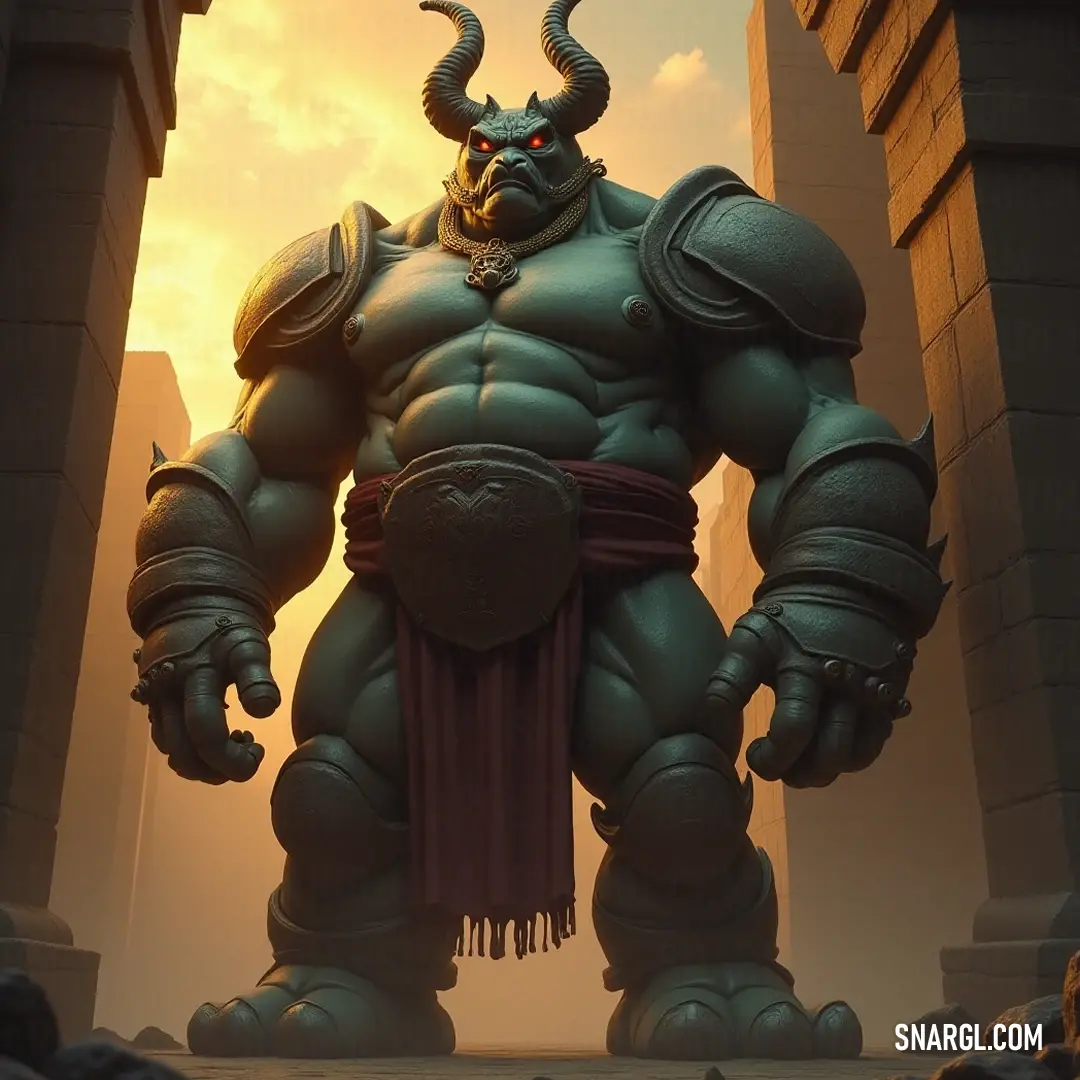 The majestic Giant Horned Warden Golem towers before a building at sunset, its imposing form and horned head symbolizing unwavering strength and protection. Under the glow of a captivating sunset, the Giant Horned Warden Golem stands proudly, its immense stature dominating the scene as it guards the building behind it, embodying strength and vigilance.
