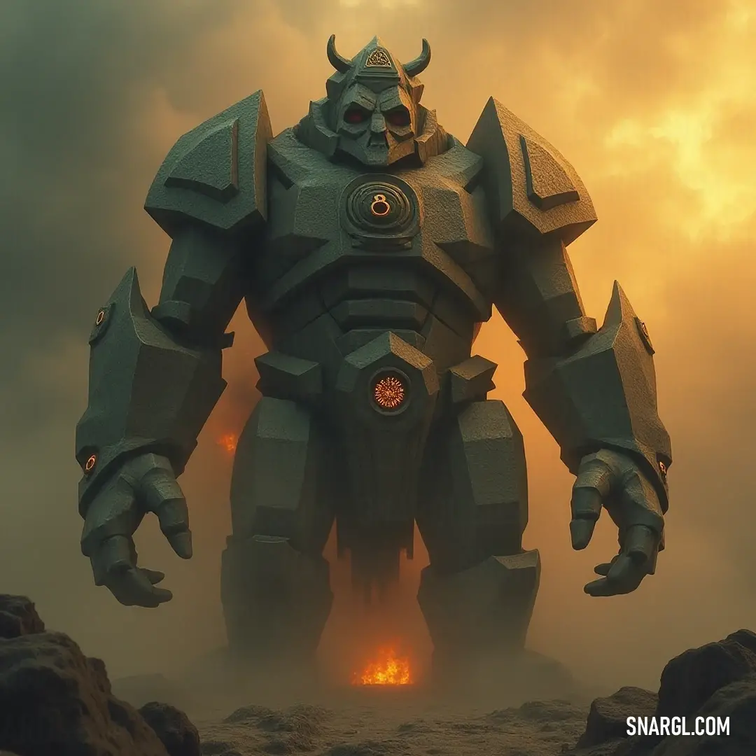 In a rugged rocky area, a Giant Warding Golem stands defiantly beneath the expansive sky, commanding respect with its powerful silhouette and unyielding presence. Amidst a breathtaking rocky landscape under a vast sky, a formidable Warding Golem stands proudly, its robust form exuding a sense of strength and steadfastness against the elements.