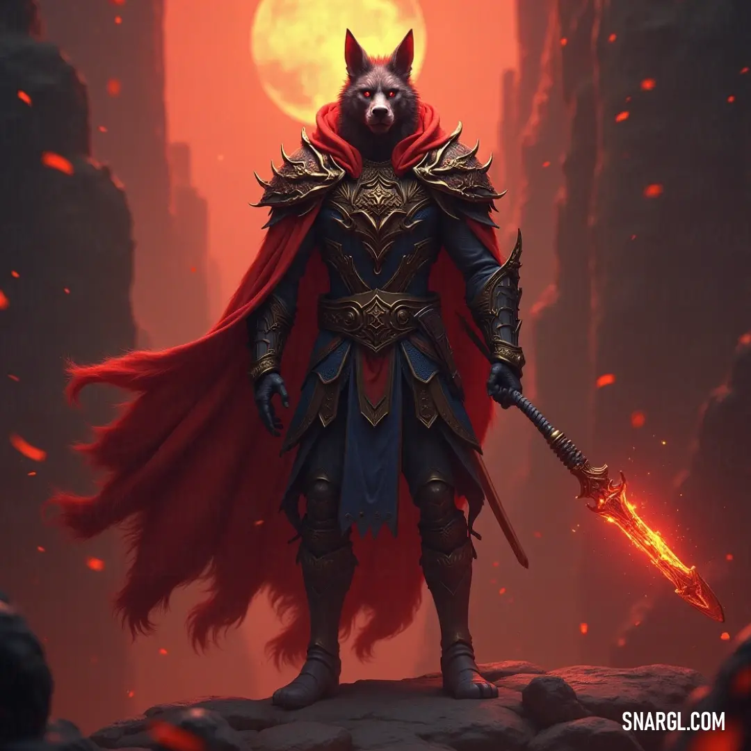 A Warg in a flowing red cape stands tall, holding a sword in one hand and a flame in the other. The scene is set in a dark, fiery atmosphere, where the red accents of the Warg’s cape and flame reflect the intensity of the moment.