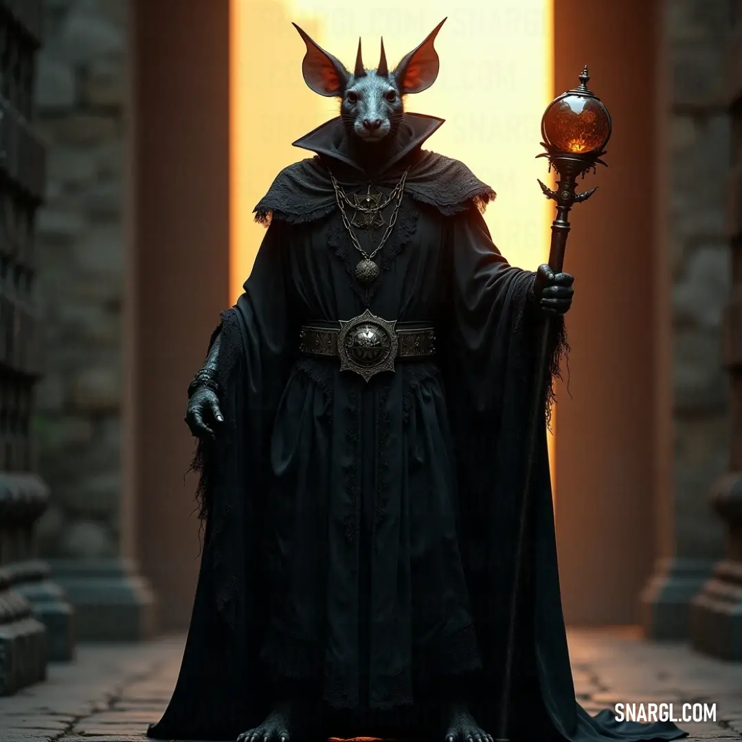 Warlock Engineer in black attire and a demon mask, holding a glowing light bulb, surrounded by a mysterious ambiance. A Warlock Engineer, dressed in a black outfit and demon mask, holds a glowing light bulb in his hand, adding an eerie, mystical touch to the dark surroundings.