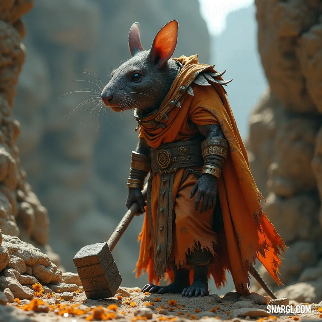 Against a backdrop of imposing rocks and striking orange blooms, Warlock Engineer Ikit is poised with a hammer, symbolizing the union of skill and nature's wild beauty. Warlock Engineer Ikit stands assertively amidst a rugged landscape, wielding a robust hammer, surrounded by vibrant orange flowers that contrast starkly with the rocky terrain, embodying the spirit of both nature and craftsmanship.