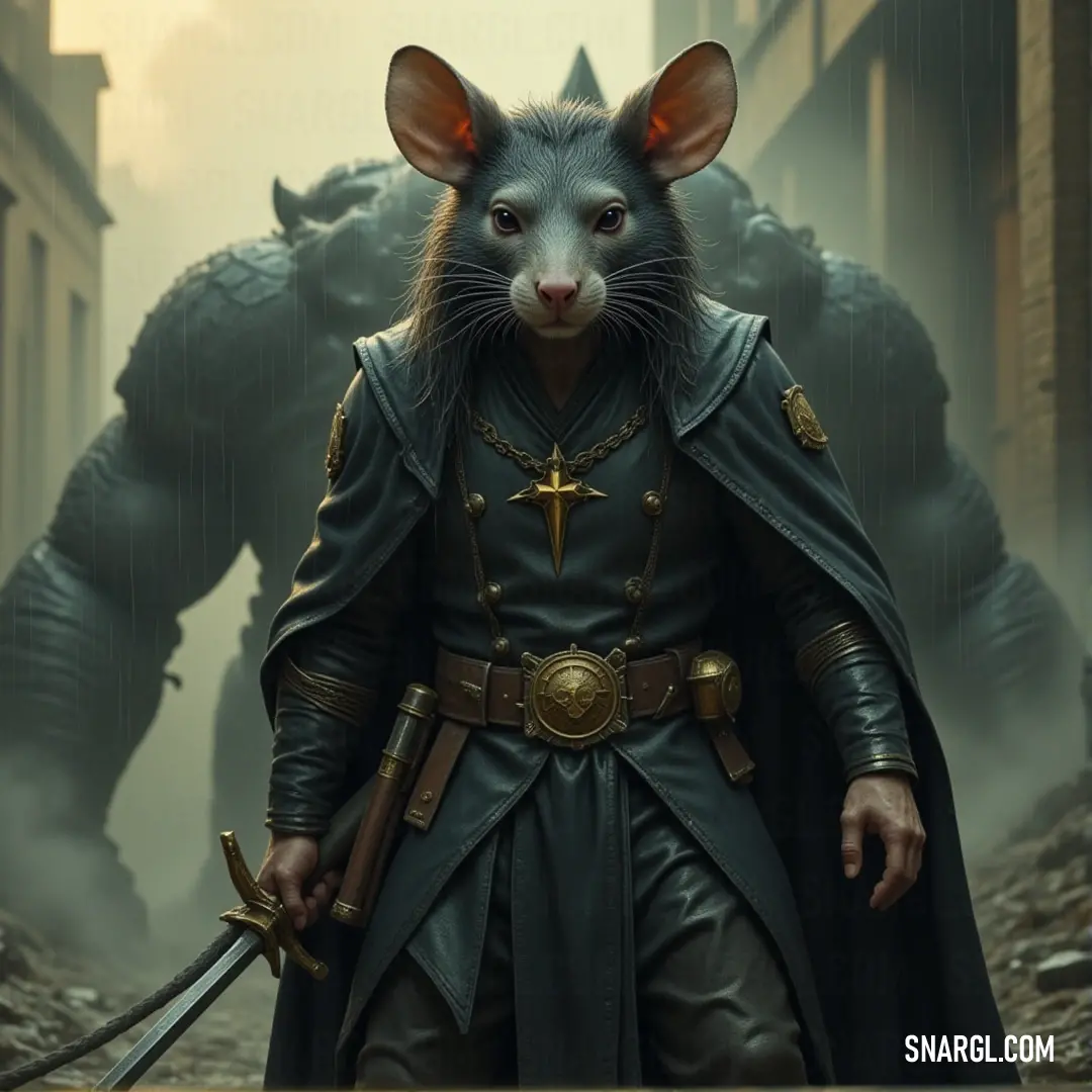 Warlock Engineer Ikit, medieval sword in hand and a giant creature looming behind, prepares for the challenges ahead. Warlock Engineer Ikit, dressed in medieval attire, holds a sword in his hand as a giant creature looms behind him. His calculated stance suggests a mind ready to command both magic and machinery in the face of the threat.