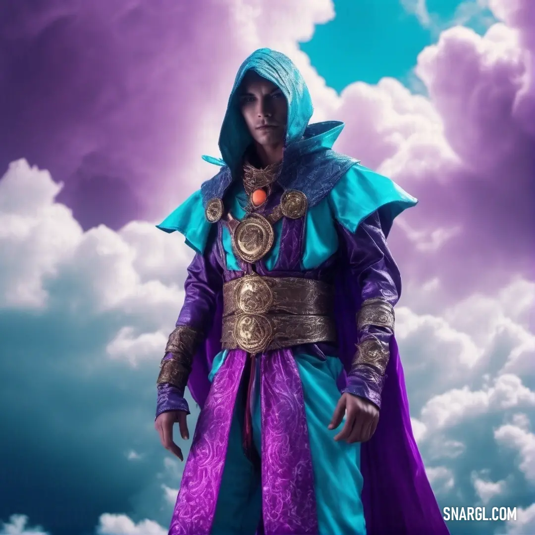 Warlock dressed in a costume standing in the clouds with a hood on his head