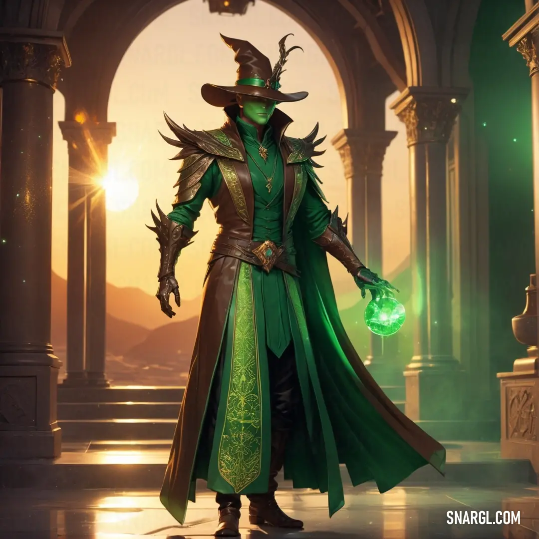 Warlock dressed in a green costume and a hat with a green orb in his hand standing in a doorway