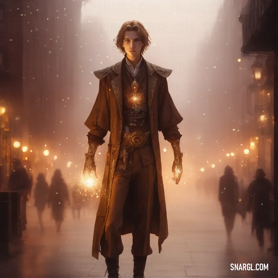 Warlock in a coat and hat standing on a street at night with a light shining on his face