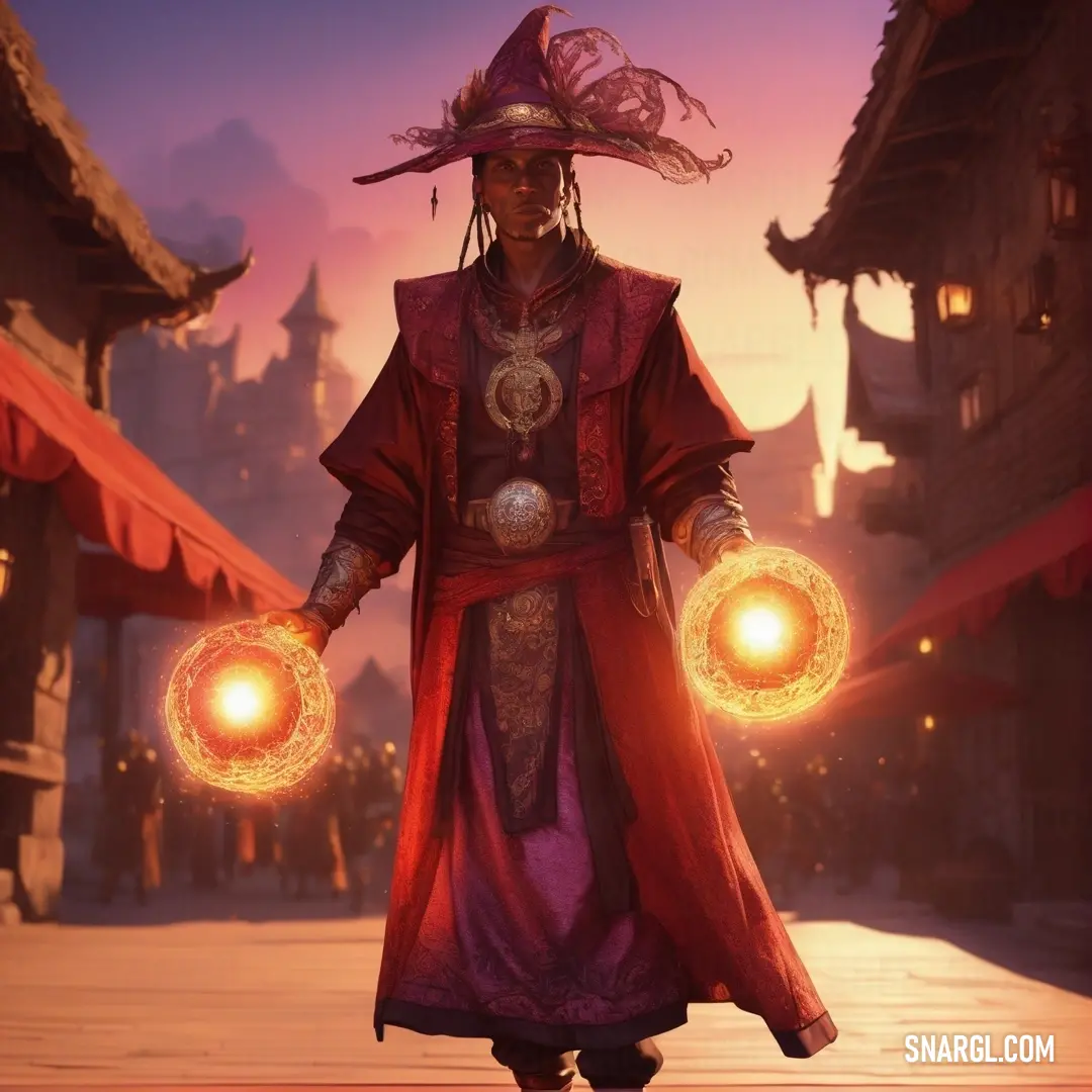Warlock in a costume holding two glowing orbs in his hands in a city street at sunset time