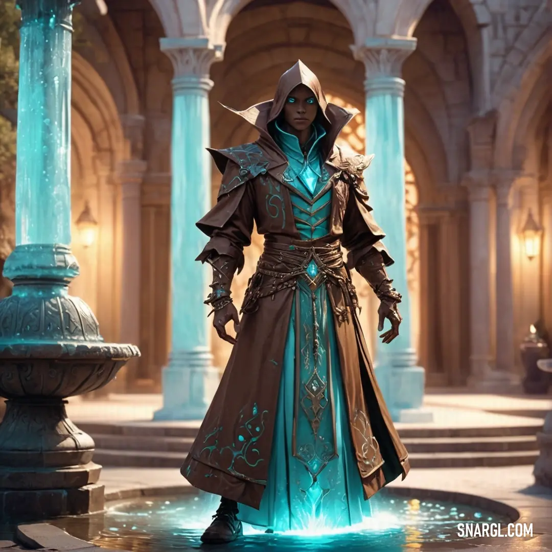 Warlock in a costume standing in a courtyard with a fountain in front of him and a blue light shining on his face