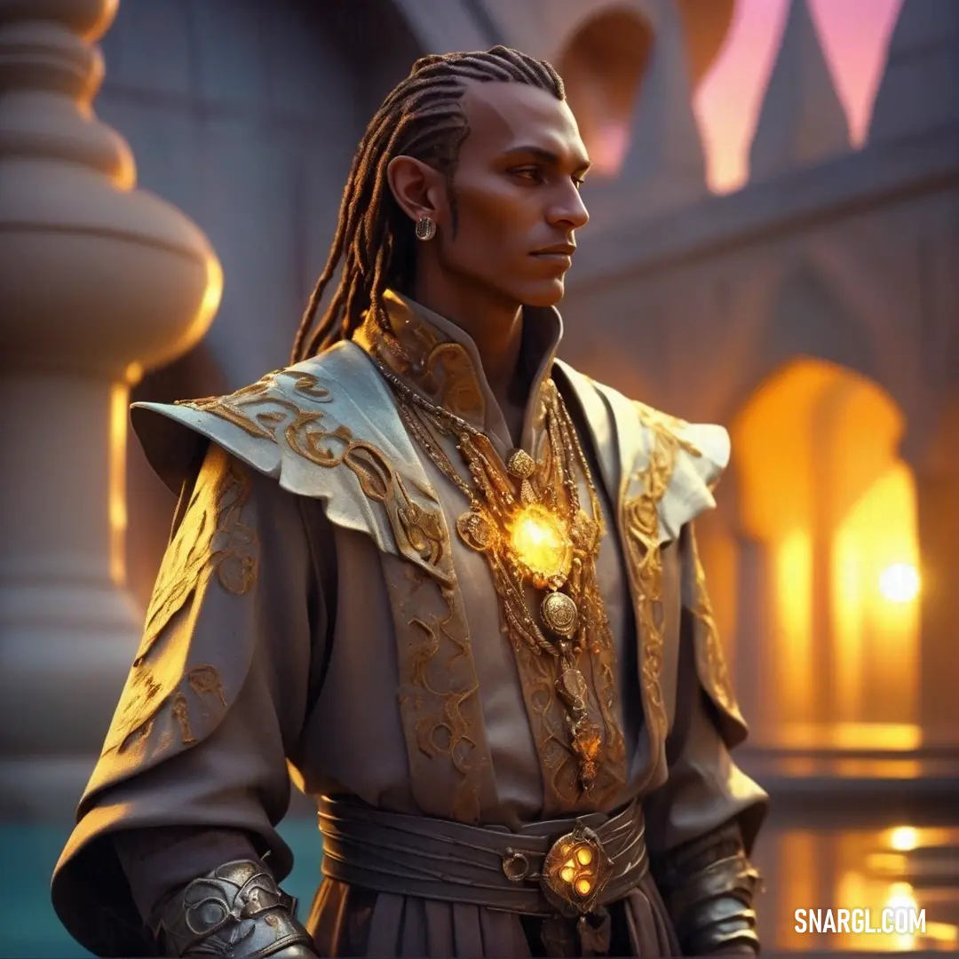 Warlock in a costume standing in front of a building with a light on his face and a chain around his neck