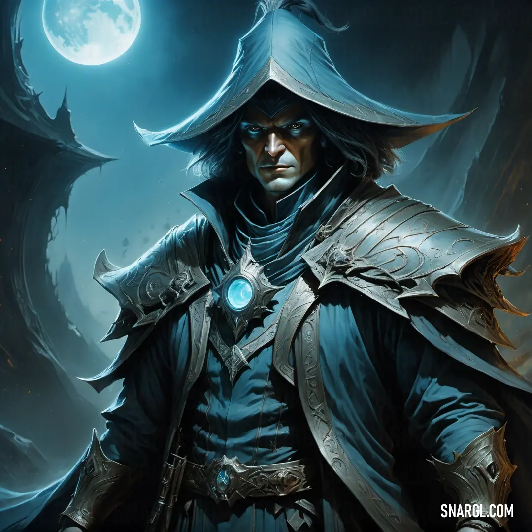 Warlock in a hat and coat with a sword in his hand and a full moon in the background