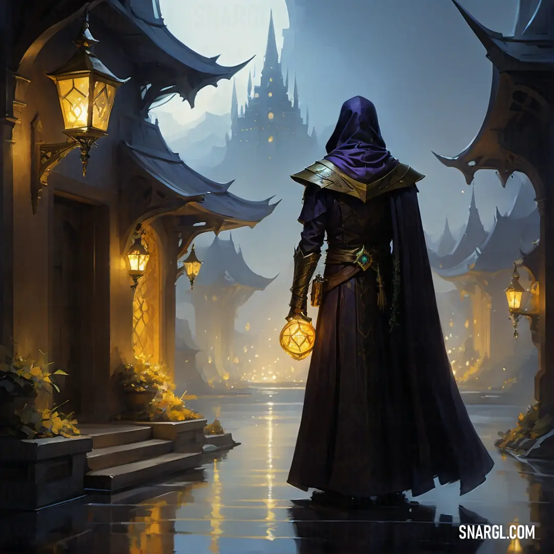 Warlock in a hooded cloak and lantern in a fantasy setting with a castle in the background