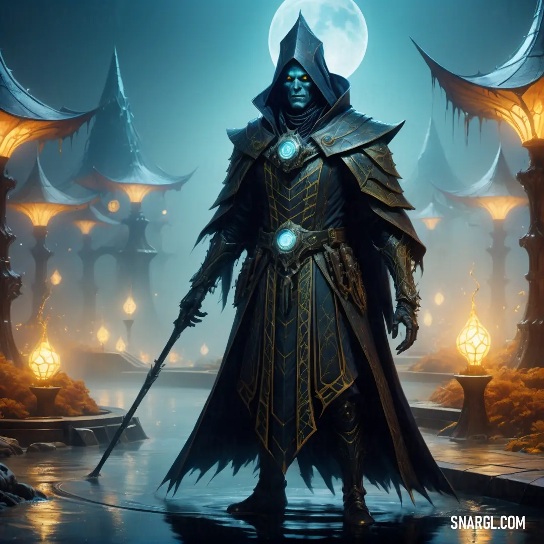 Warlock in a hooded suit holding a sword in a fantasy setting with a full moon in the background