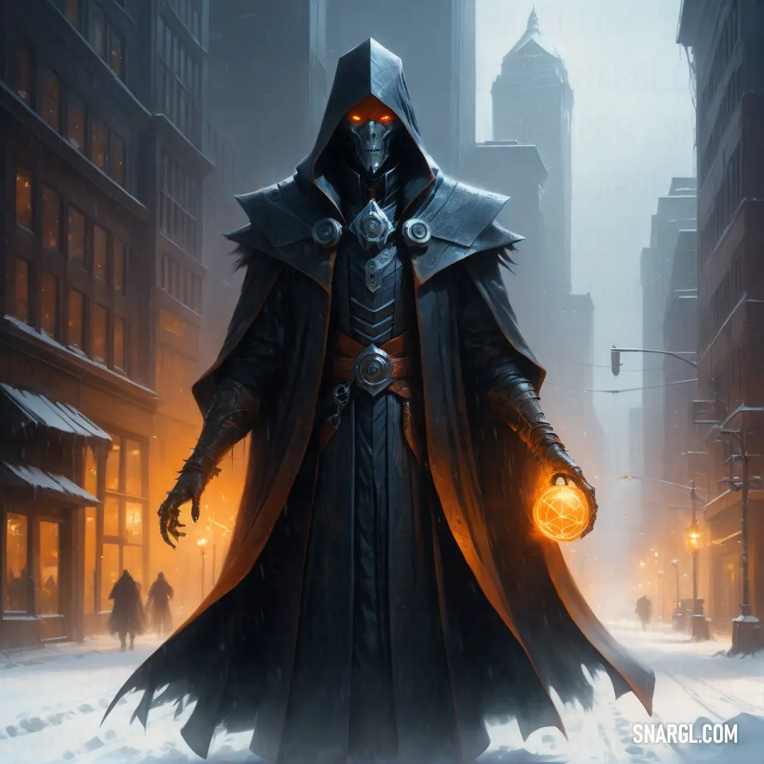 Warlock in a hooded suit and glowing lights in a snowy city street at night with a glowing orb in his hand