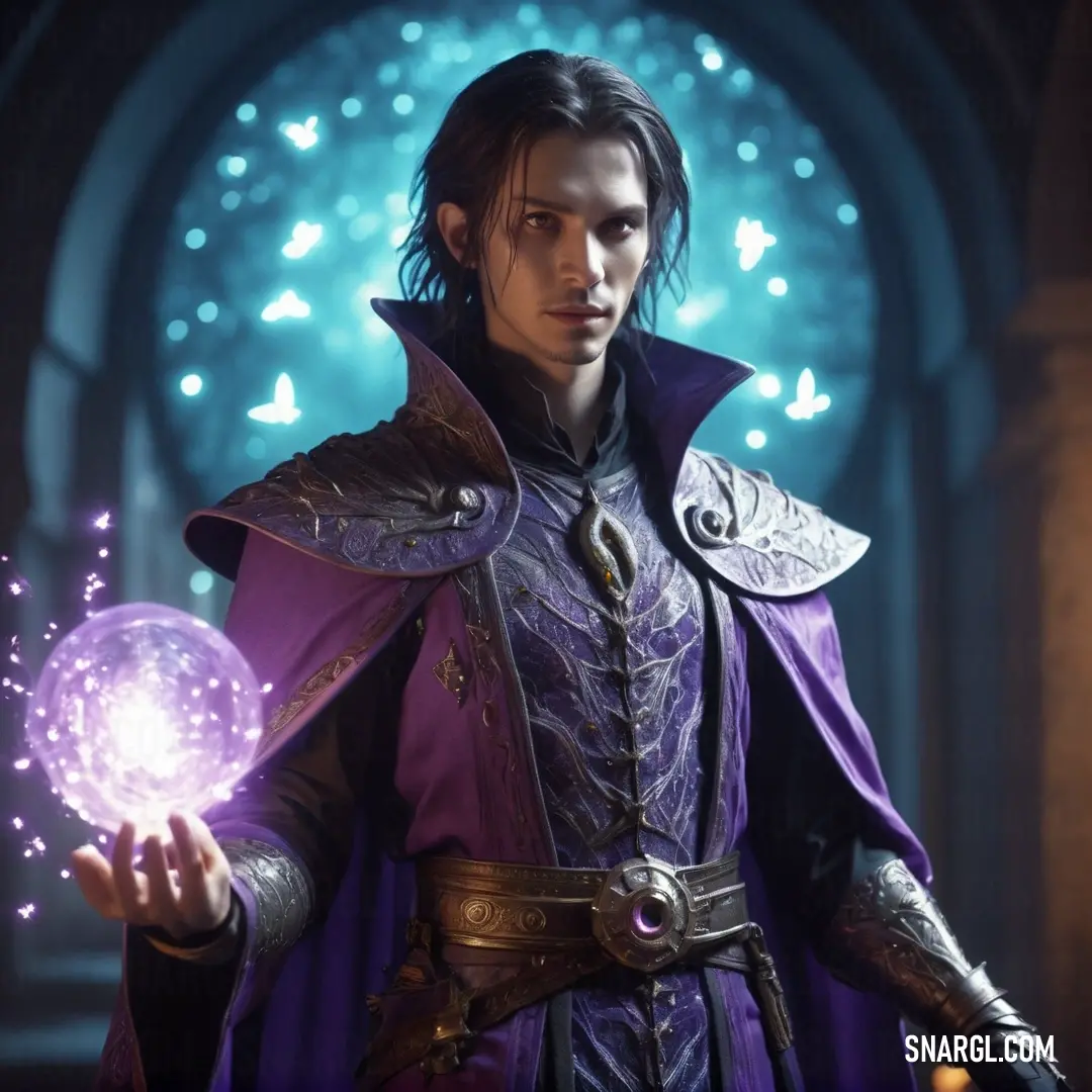 Warlock in a purple outfit holding a crystal ball in his hand