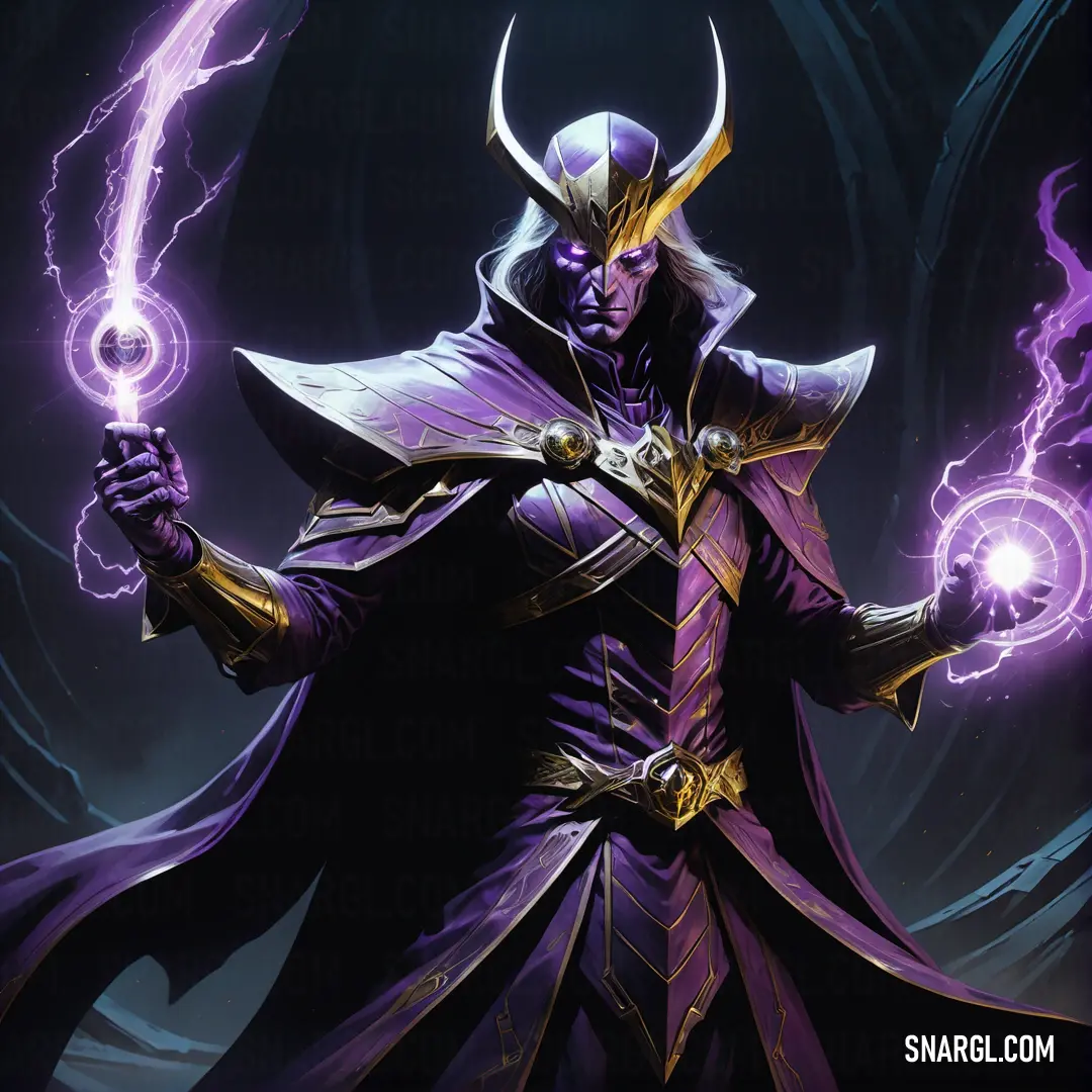 Man in a purple outfit holding a purple light up sword and a purple Warlock with horns on his head