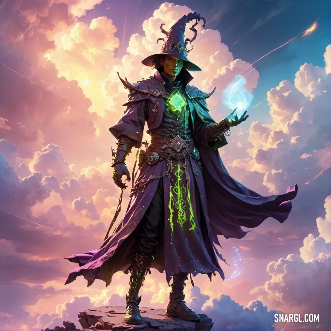 Wizard standing on a rock in the sky with a glowing green light in his hand