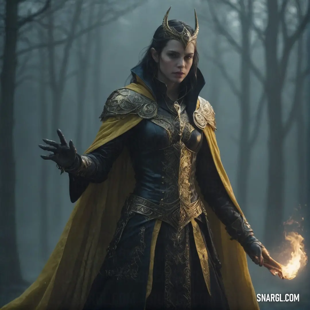 Warlock dressed in a costume with horns and a cape holding a fire in her hand in a forest