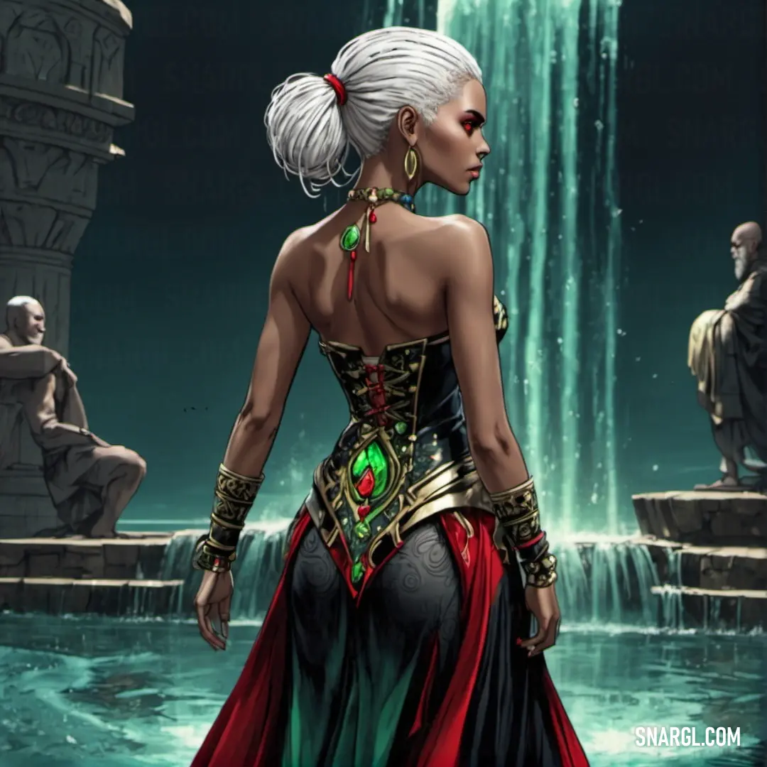Warlock in a dress standing in front of a fountain with a waterfall behind her and a man in the background