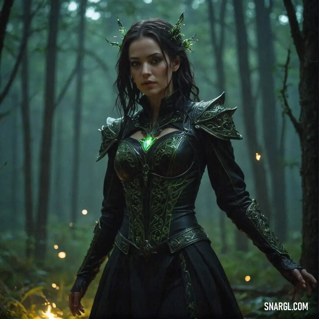 Warlock in a forest with a green light on her chest