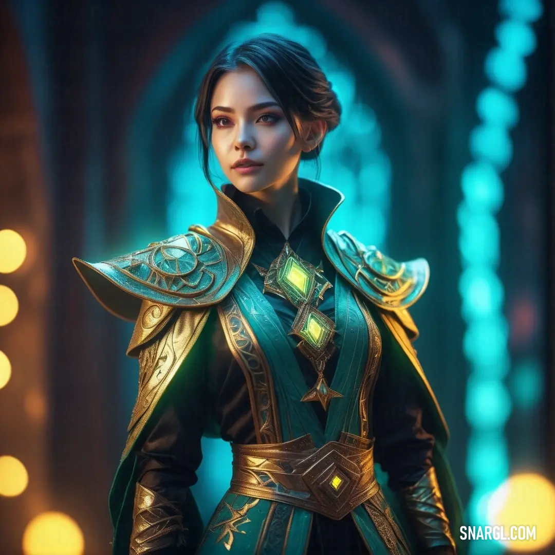 Warlock in a green and gold outfit with a sword in her hand and lights in the background