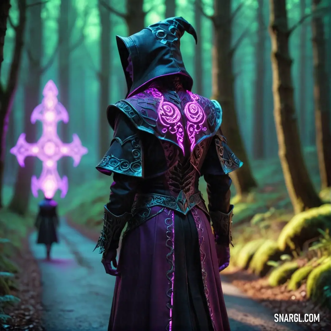 Warlock in a purple dress and a purple cross in the woods with trees and grass behind her